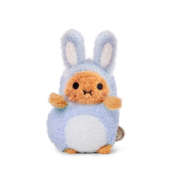 Plush toy with a blue bunny costume on a white background