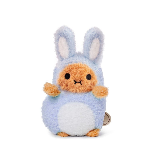 Plush toy with a blue bunny costume on a white background