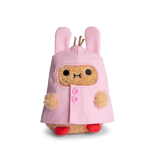 Noodoll Bunny Boots in Pink Raincoat Ricespud Mini Sitting Plush Toy on a white background 