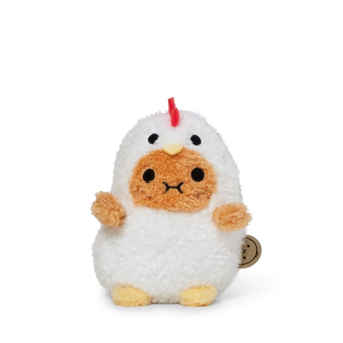 Plush toy chicken with a white body, orange face, and red crest on a white background