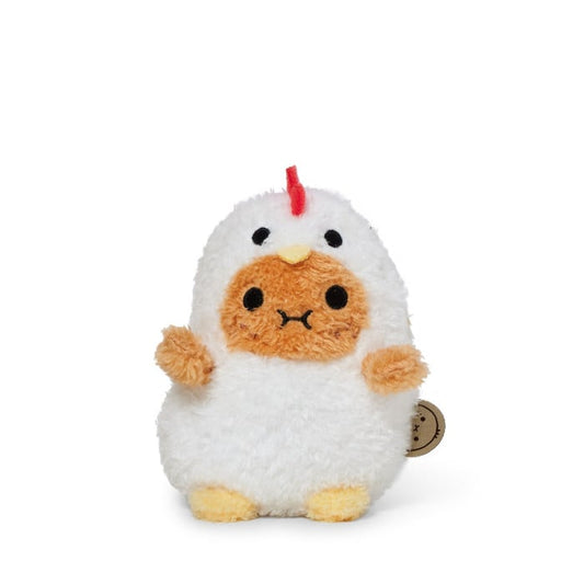 Plush toy chicken with a white body, orange face, and red crest on a white background
