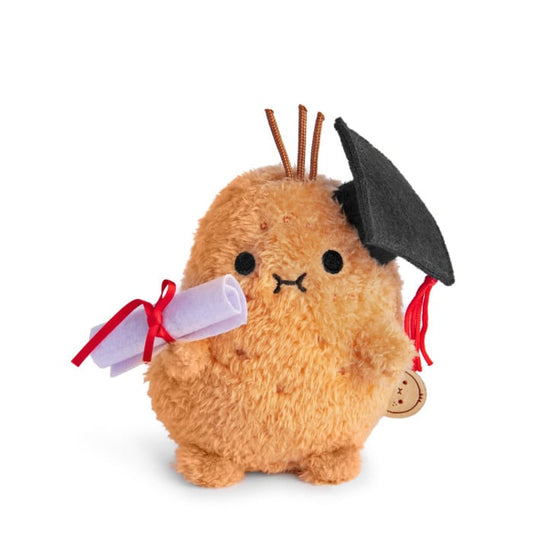 Plush toy resembling a cartoon character with a graduation cap and scroll on a white background