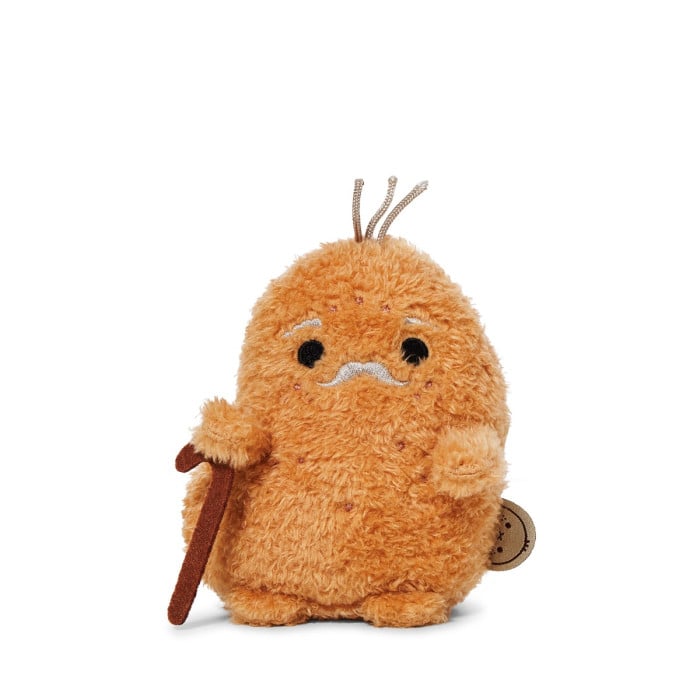 Plush toy resembling a small creature with a walking stick on a white background