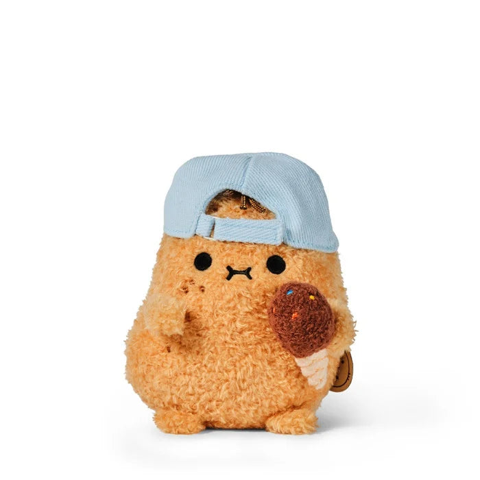 Plush toy with a blue cap  and an ice cream cone on a white background