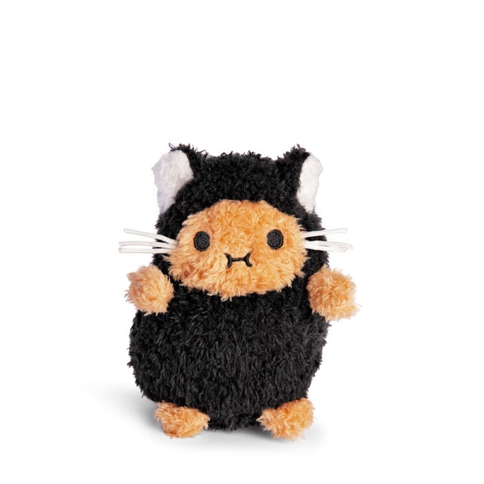 Plush toy resembling a cat in a black costume on a white background