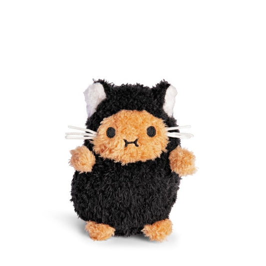 Plush toy resembling a cat in a black costume on a white background