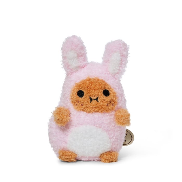 Plush bunny toy with pink and white fur and brown accents on a white background