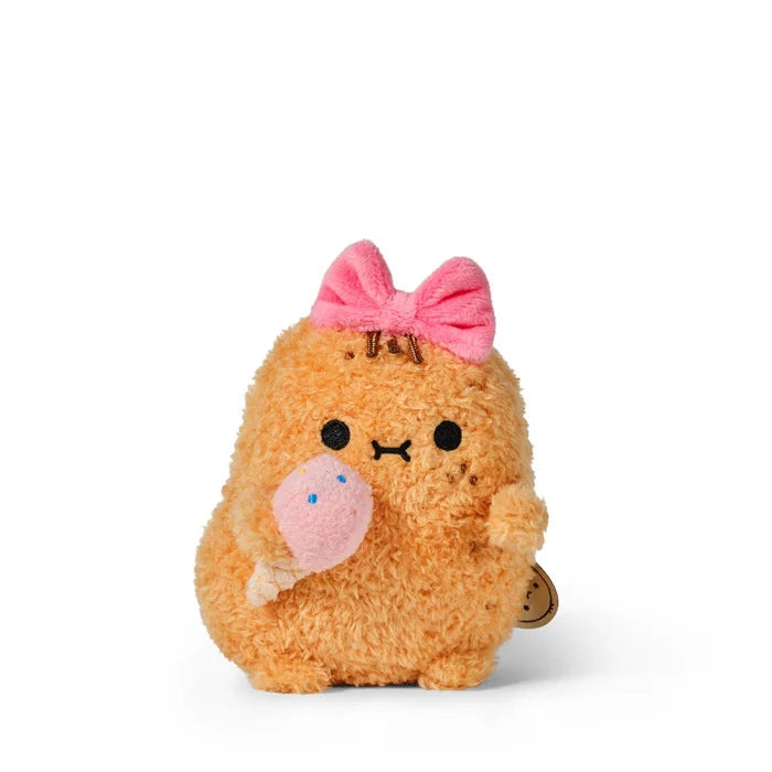 Plush toy with a pink bow and pink ice cream cone on a white background