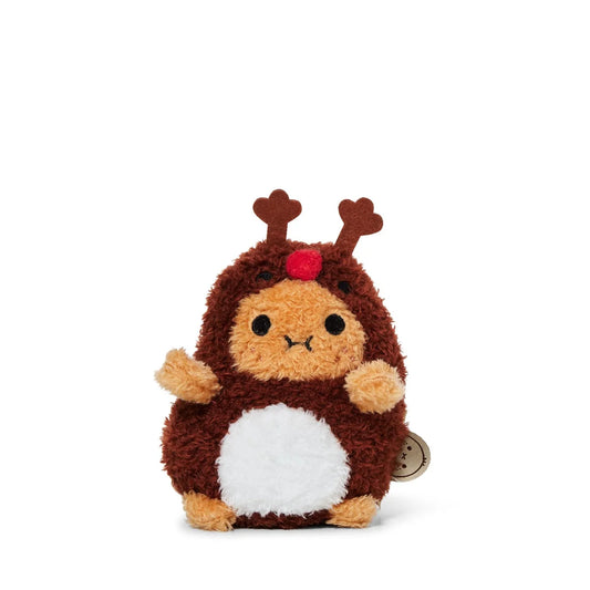 A small plush toy shaped like a reindeer , with brown fur, a white belly patch, a red nose, and brown antlers, photographed on a clean white background.