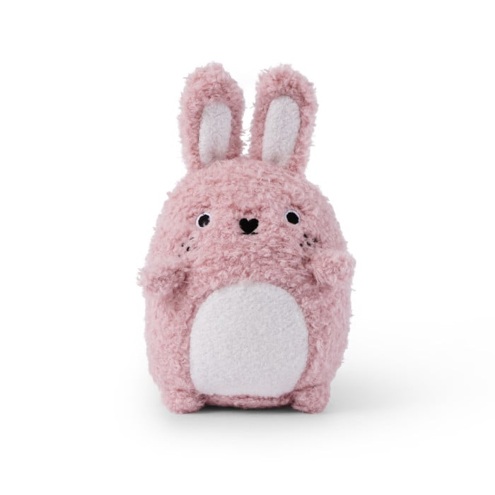 Pink plush bunny toy on a white background