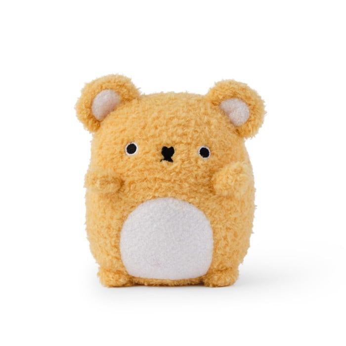 Plush toy resembling a bear with a white belly on a white background