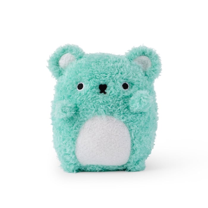 Teal plush toy with a white belly on a white background