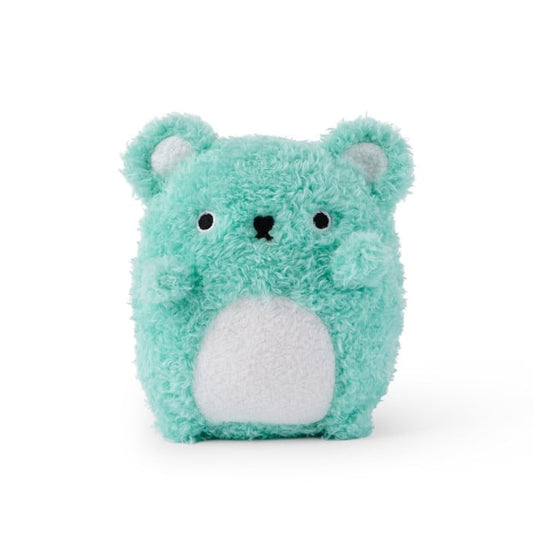 Teal plush toy with a white belly on a white background