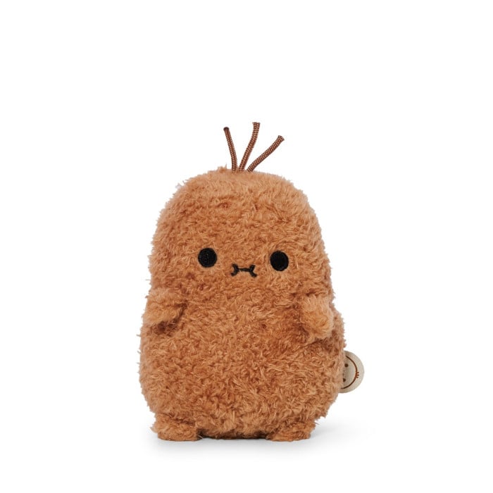 Plush toy resembling a brown radish on a white background