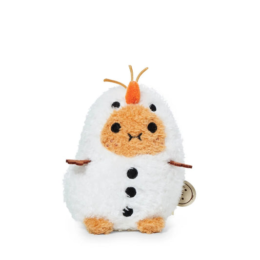 Plush toy resembling a character with a white body, orange beak, and black buttons on a white background