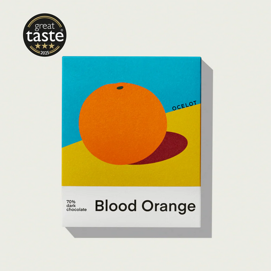 Ocelot Blood Orange Organic 70% Dark Chocolate Bar in multicolours on a white background 