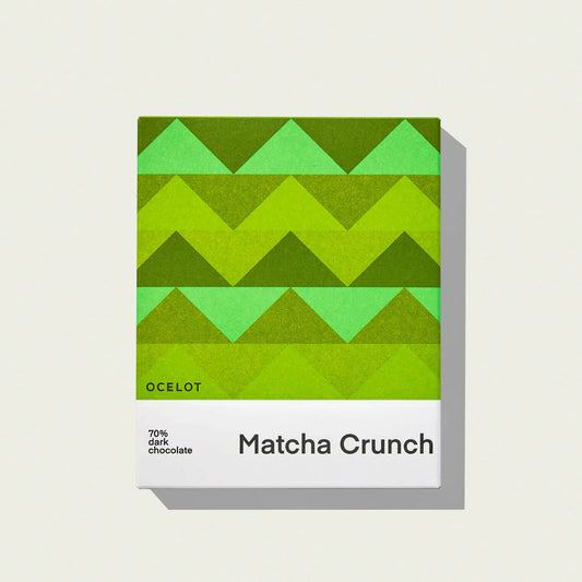 Ocelot Matcha Crunch Organic 70% Dark Chocolate Bar on a white background 