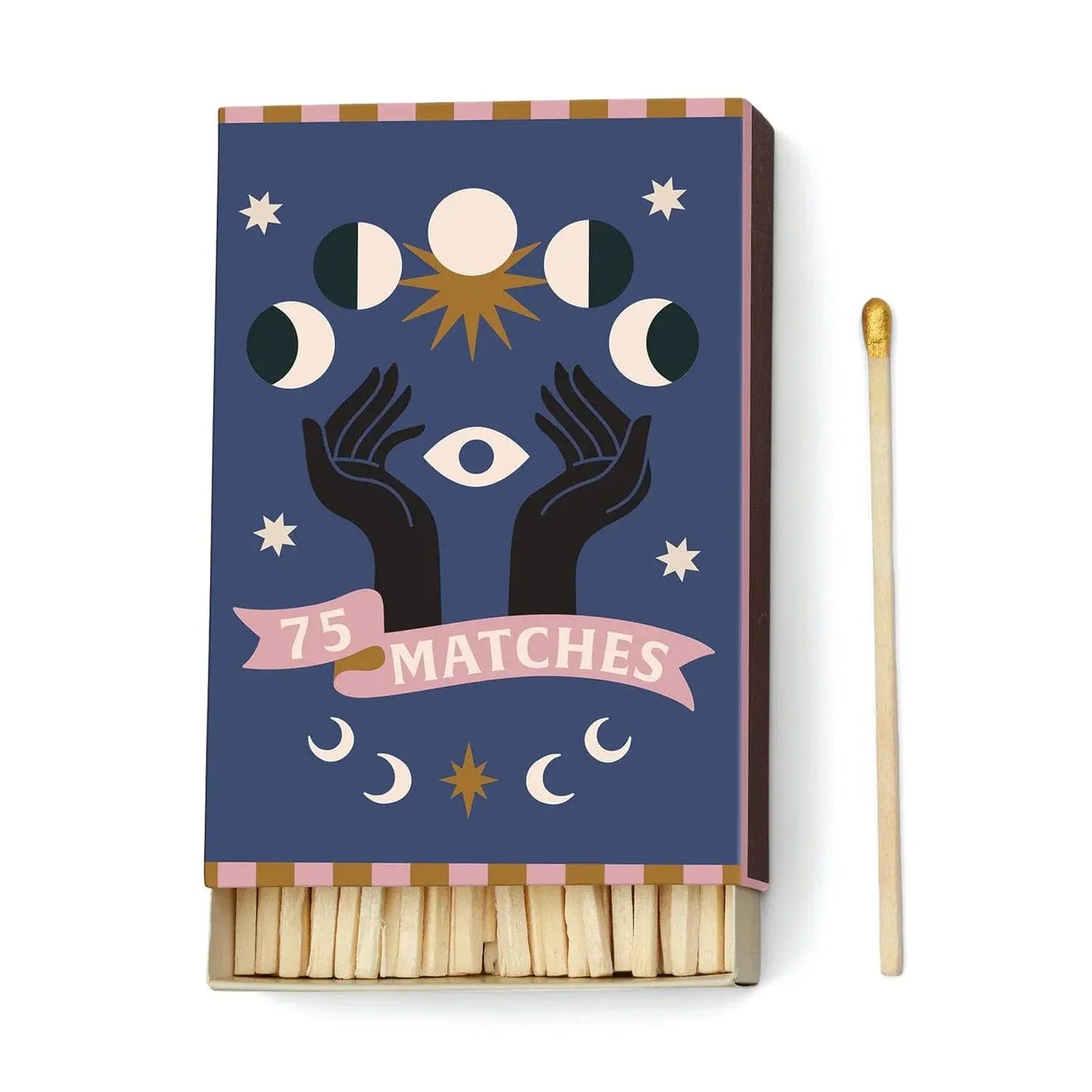 Matchbox with celestial design and '75 Matches' text on a white background