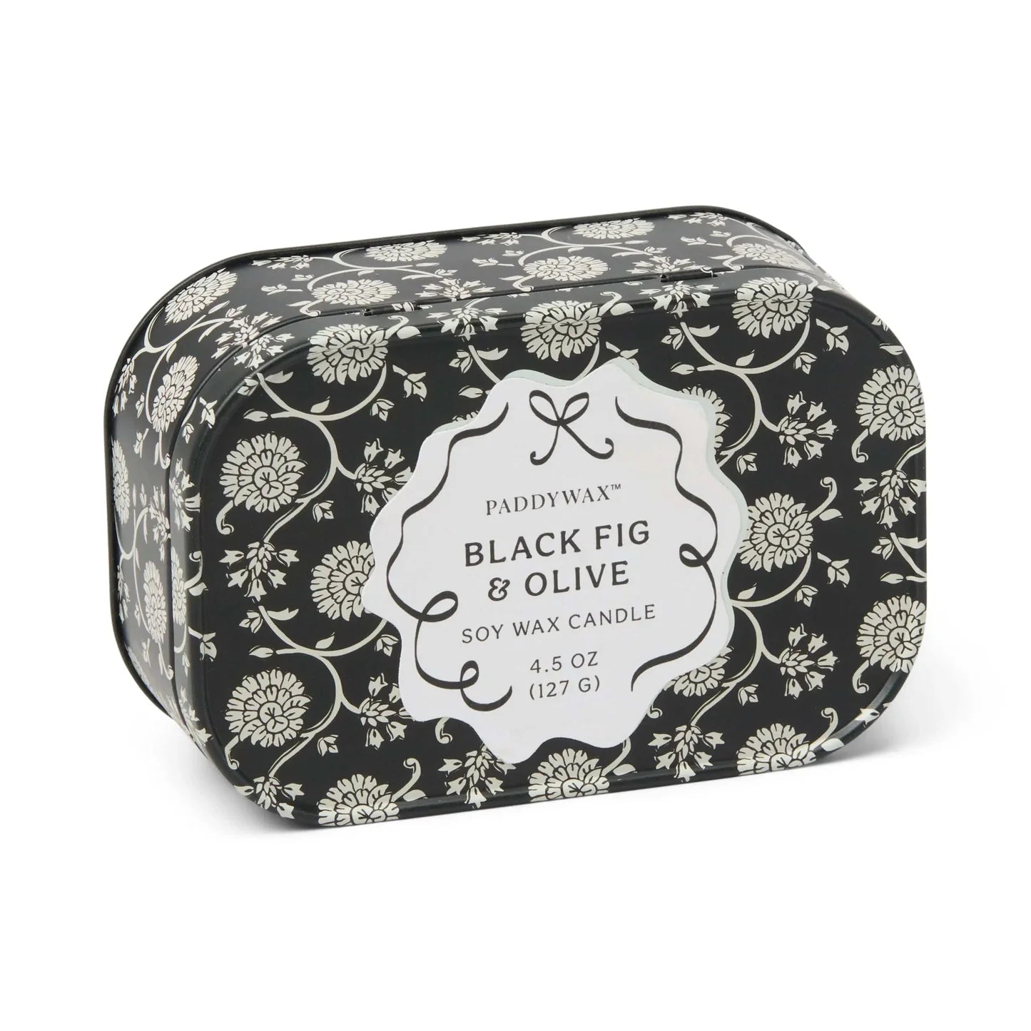 Paddywax scented candle in a metal tin with black and white pattern on a white background 