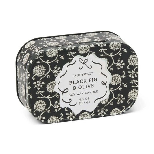 Paddywax scented candle in a metal tin with black and white pattern on a white background 