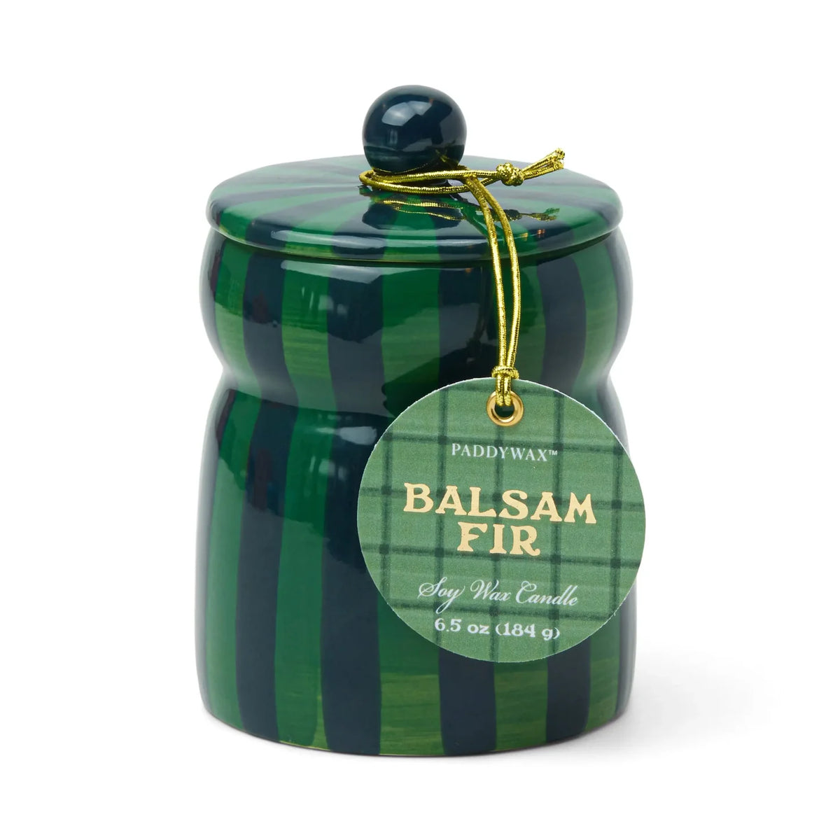 Jar of Balsam Fir candle with plaid design on a white background
