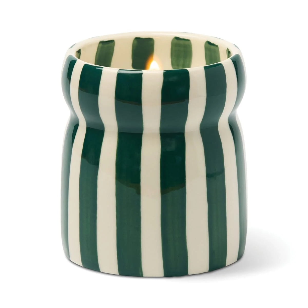 Paddywax Cabana Isla Fresca Candle in striped cream and dark green stripe 