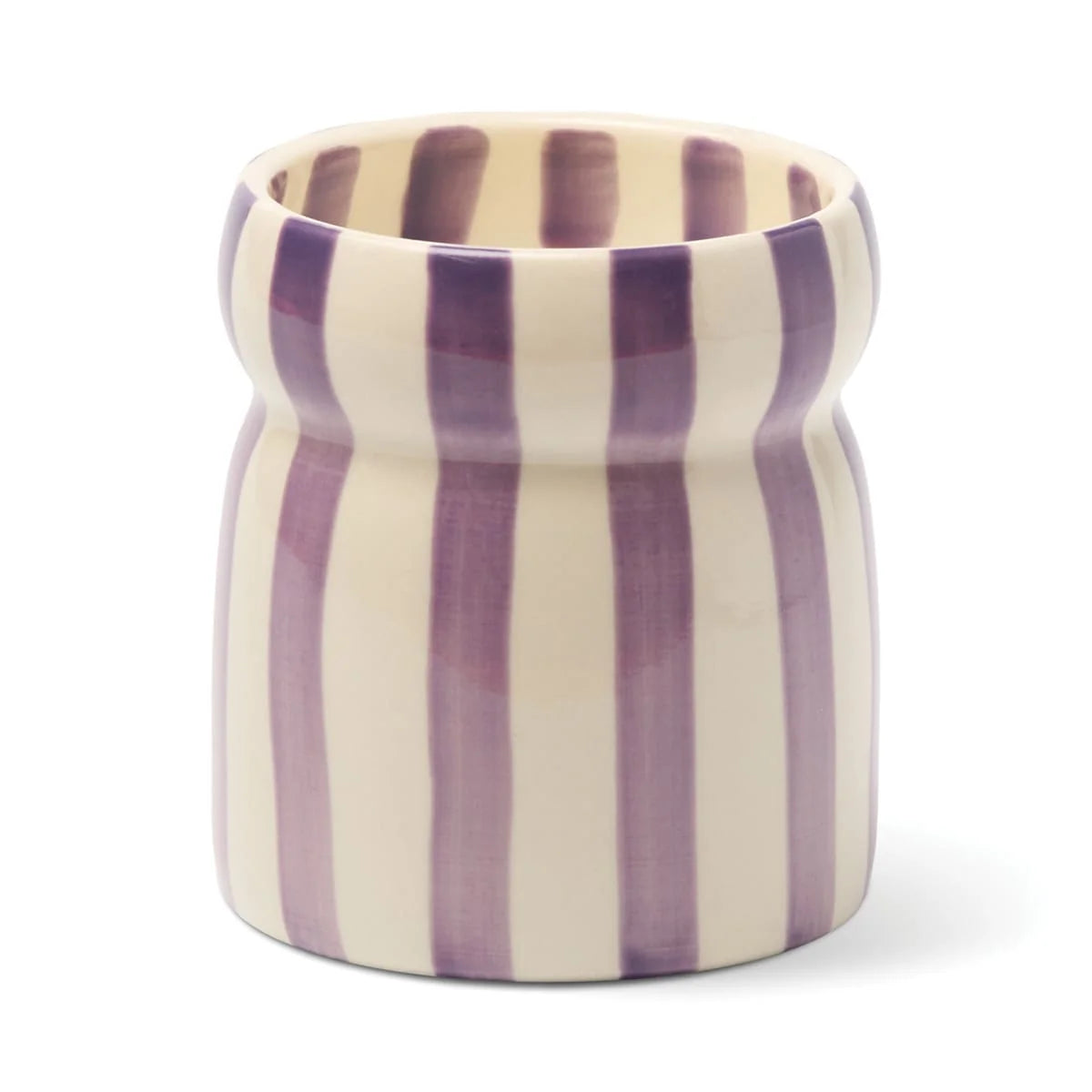 Paddywax Cabana Waikiki Waters Scented Candle with purple and cream striped ceramic jar on a white background 