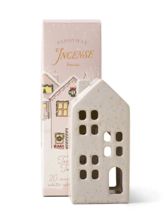 Ceramic white/cream house with Paddywax Incense packaging on a white background