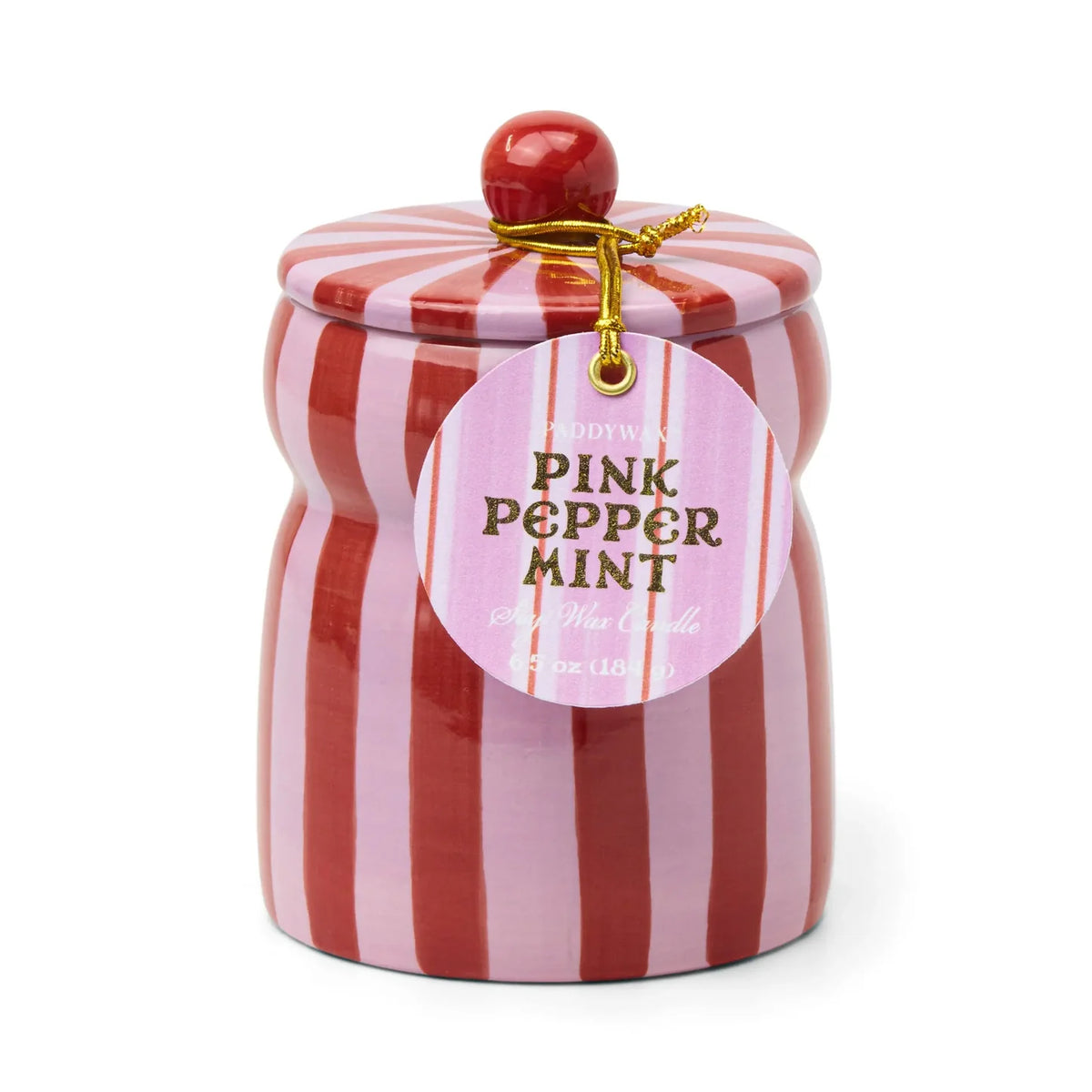 Paddywax Pink Peppermint Scented Candle in a striped ceramic jar on a white background 