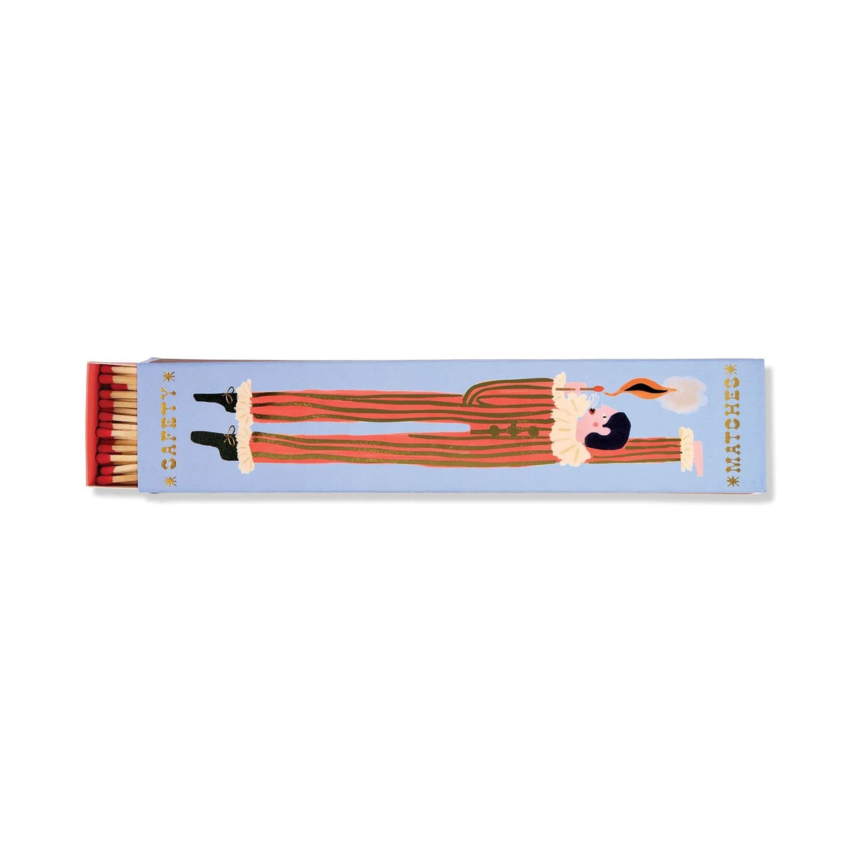 A matchbox-style decorative package with a light blue background and an illustrated figure in red-and-cream striped clothing, shown open with red matches visible on a white background.