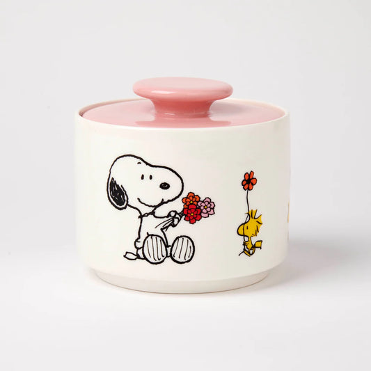 Ceramic jar with cartoon characters on a white background