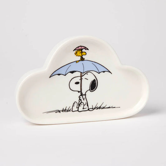 Heart-shaped trinket dish with Snoopy and Woodstock design on a white background