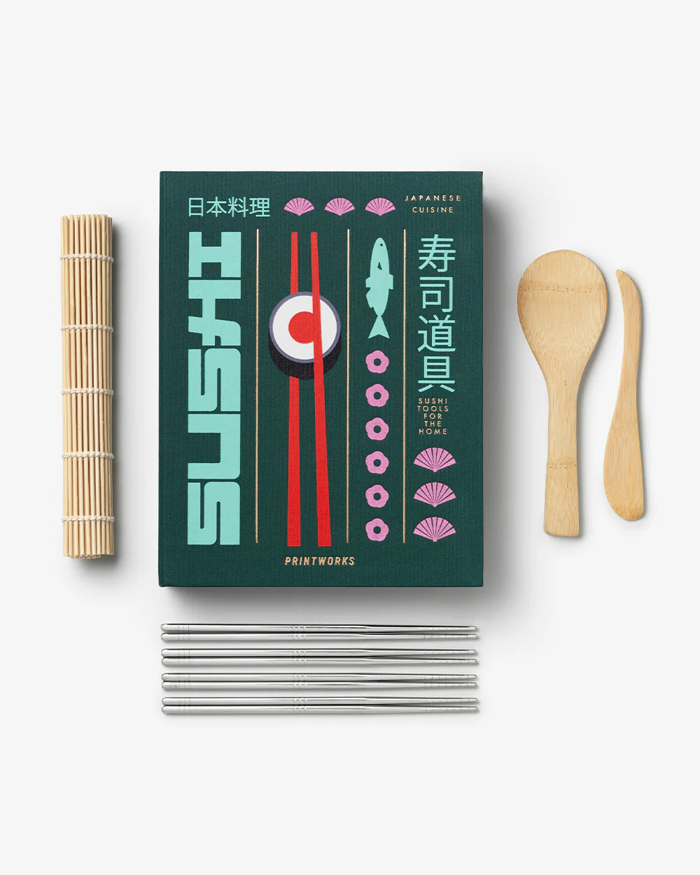 Sushi-making kit with rolling mat, metal needles, and wooden utensils on a white background