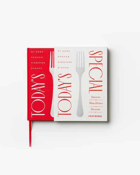 Cookbook with red and white design on a white background