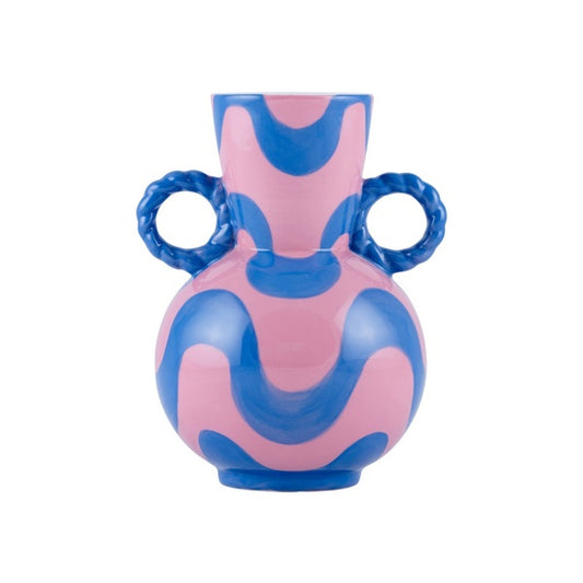 Que Rico Rio Retro Rosalia Ceramic Vase in blue and pink wavy pattern