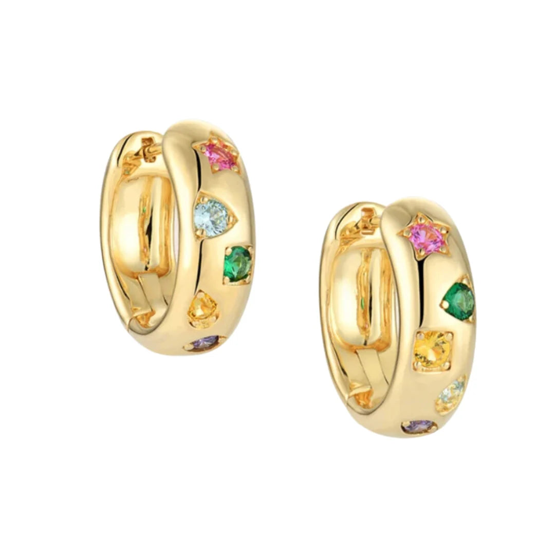 Gold hoop earrings with colorful gemstones on a white background