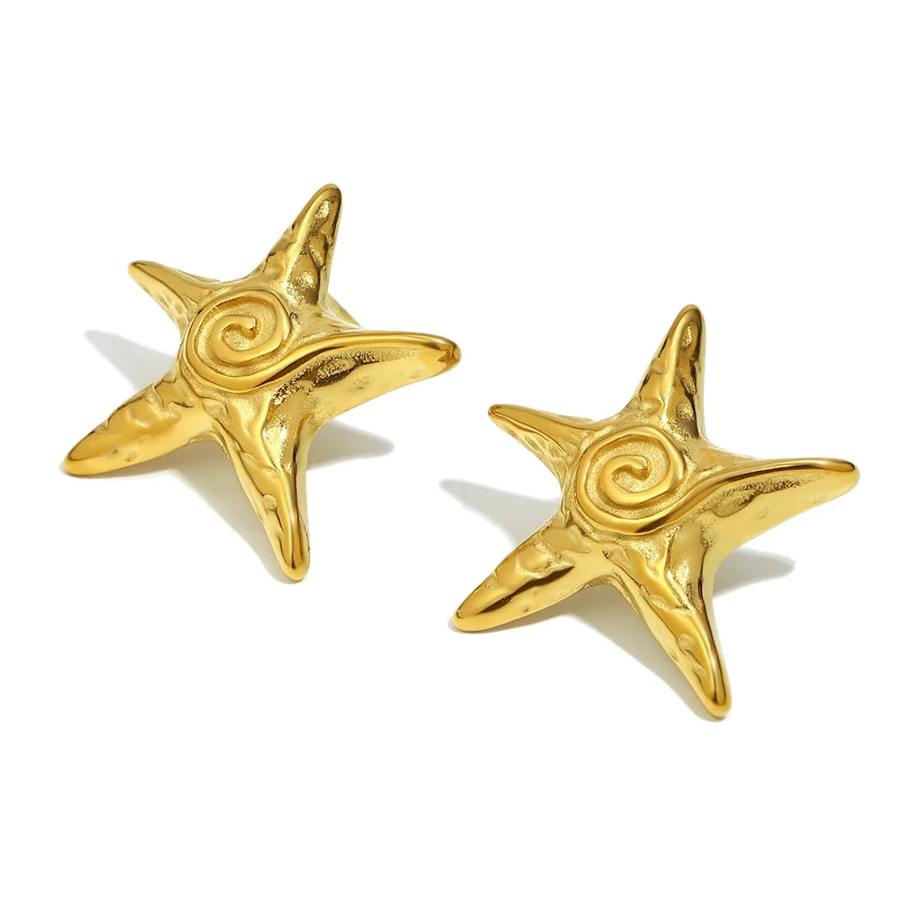 Pair of gold star-shaped earrings on a white background