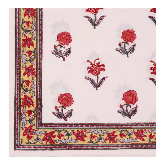 Floral patterned fabric with red flowers and yellow border on a white background