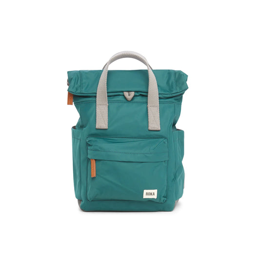 Roka Canfield B Small Sus Nylon backpack in teal colour wirh grey handles 
