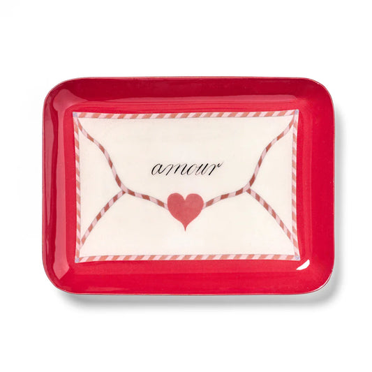 Red tray with a heart and 'amour' text on a white background