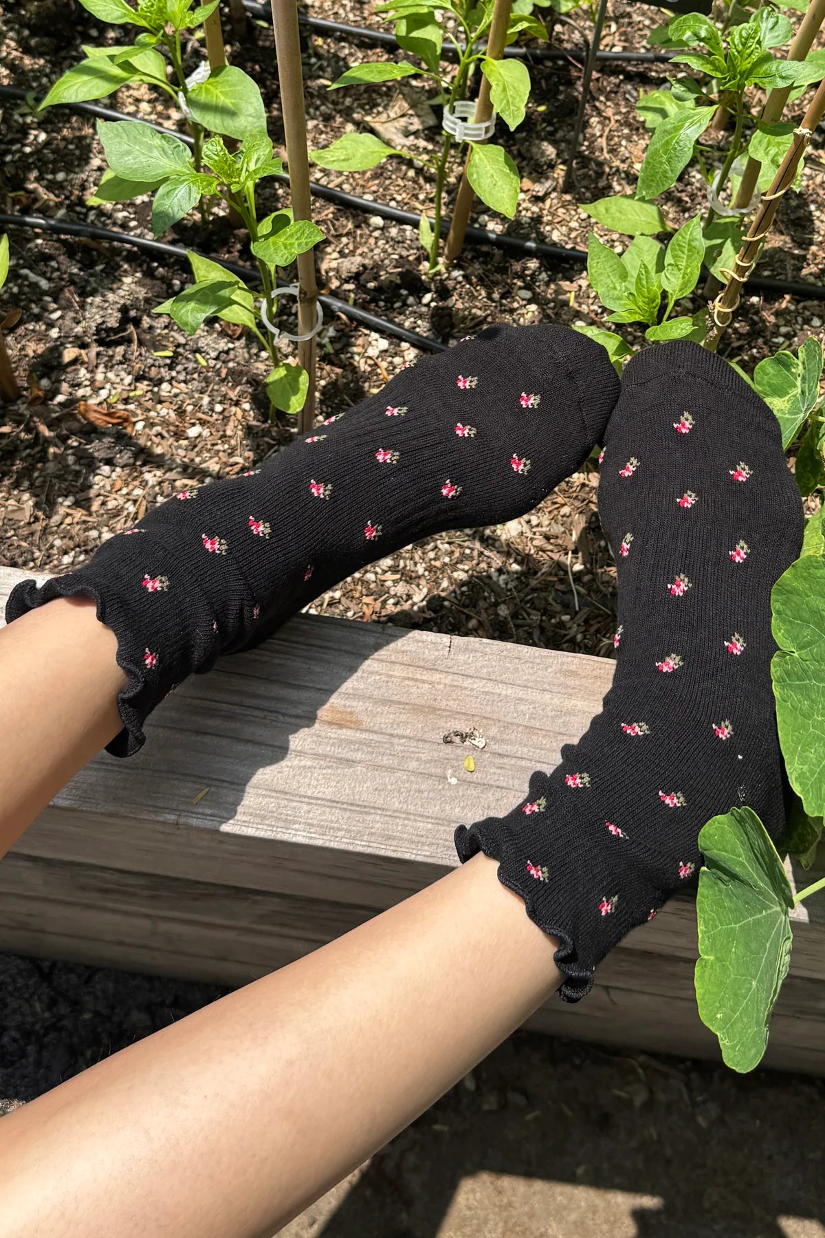 Le Bon Shoppe Petal Ruffled Hugger Crew Socks - Black Petal