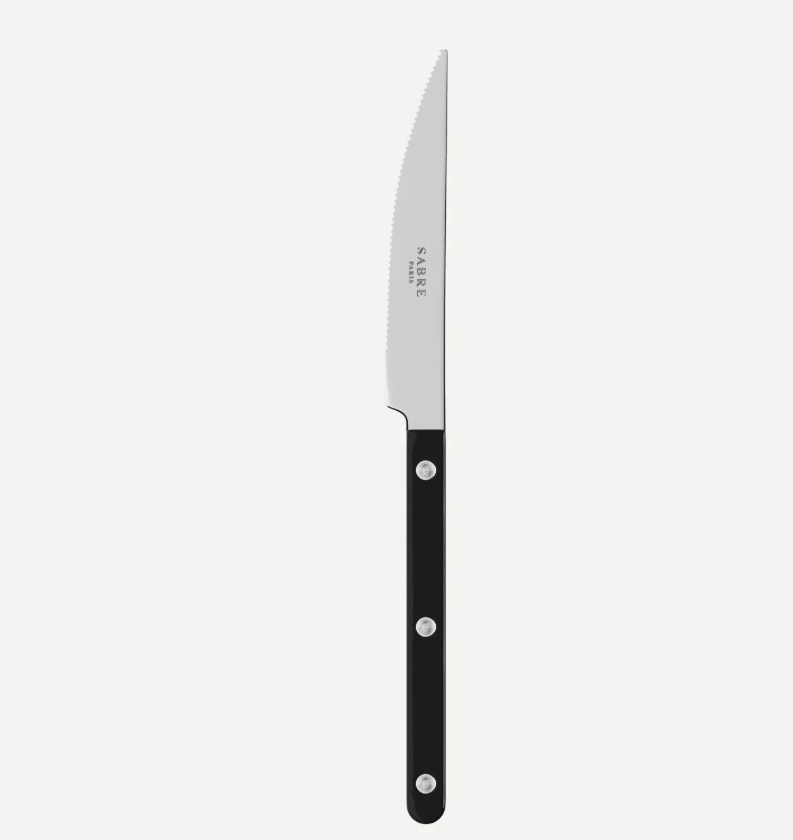 A single kitchen knife with a black handle and a silver blade, shown vertically against a light gray background. The brand name 'SABRE' is printed on the blade.