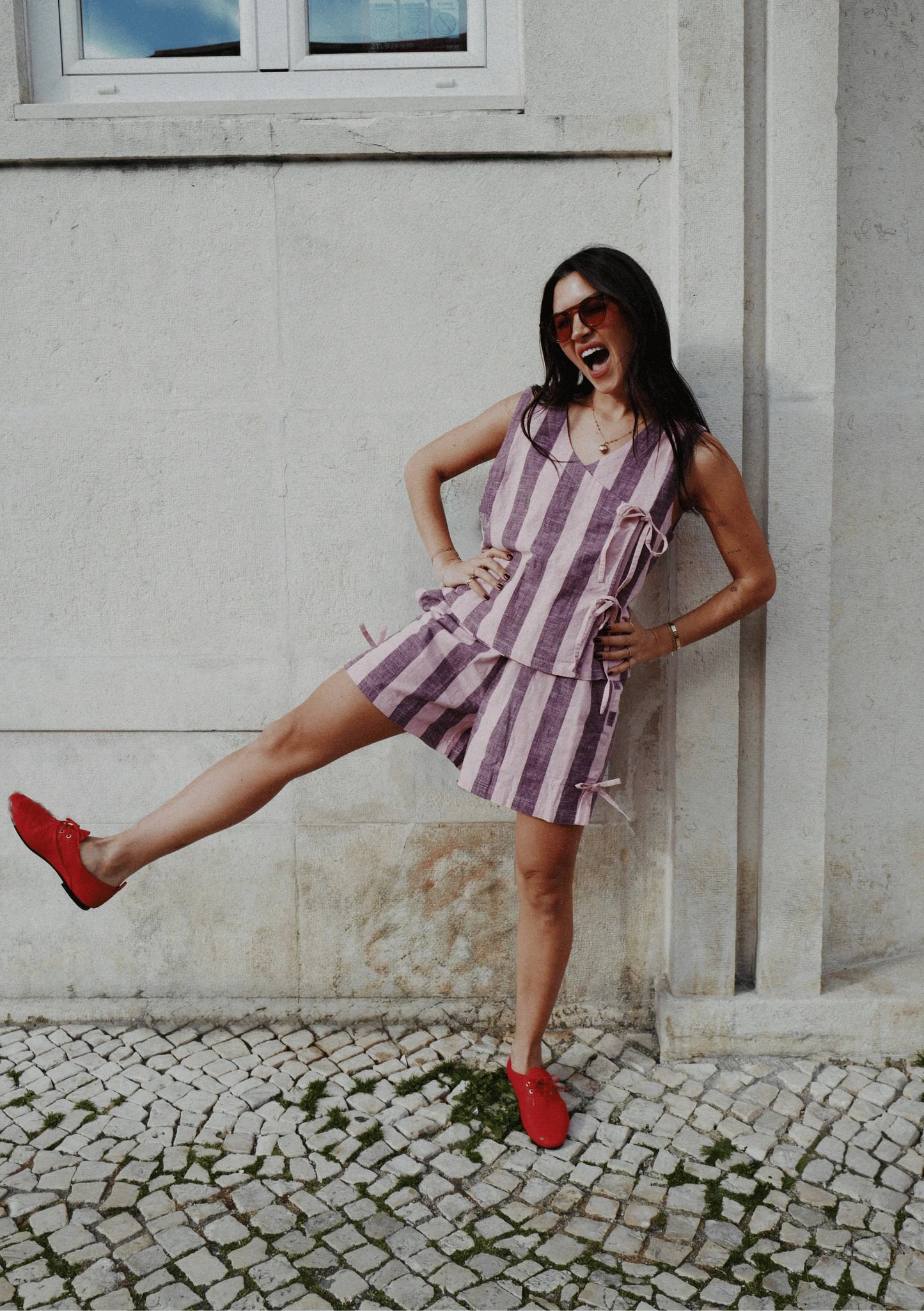 TBCo Cotton Tie Shorts in Pink & Burgundy Stripe