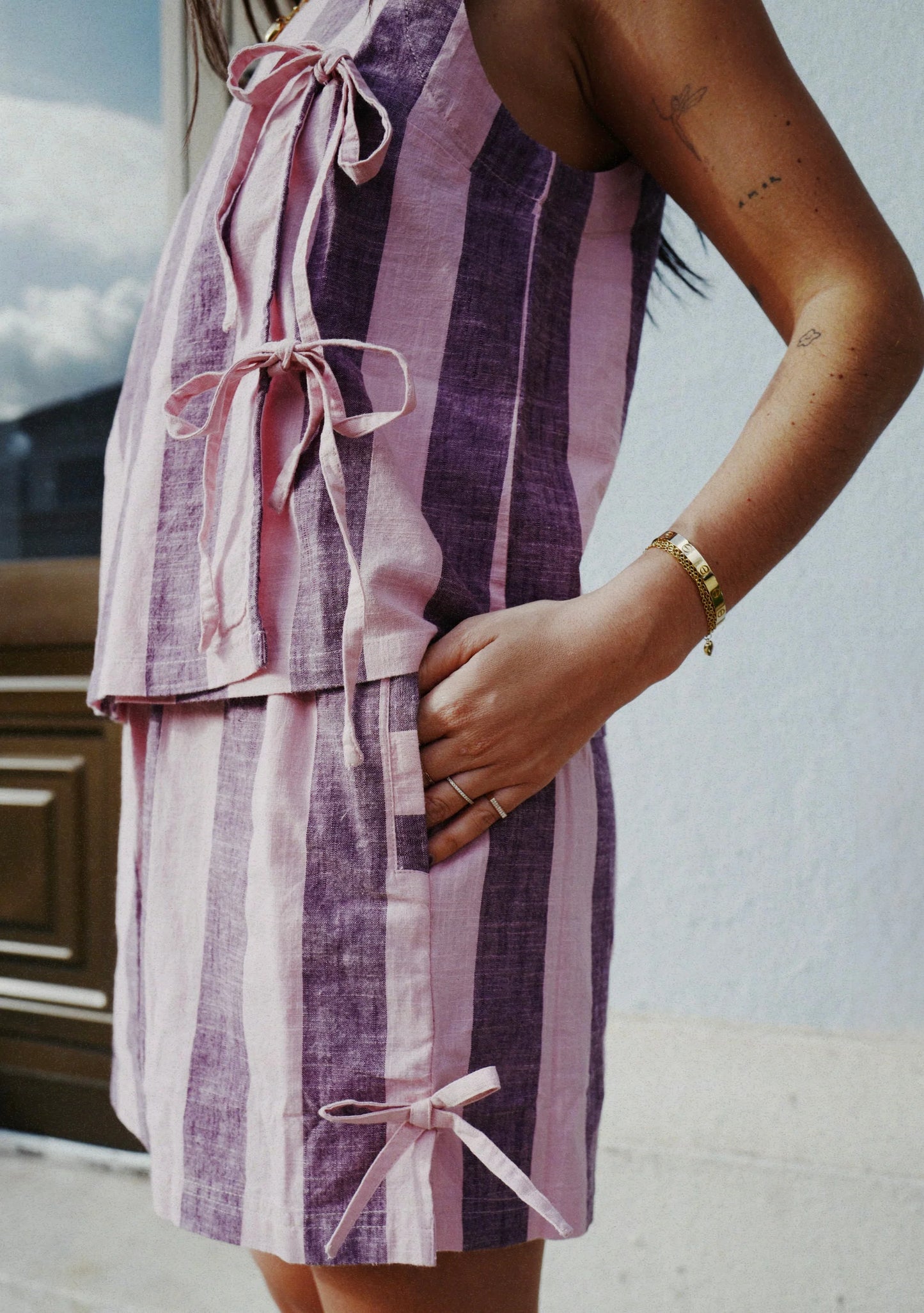 TBCo Cotton Tie Shorts in Pink & Burgundy Stripe