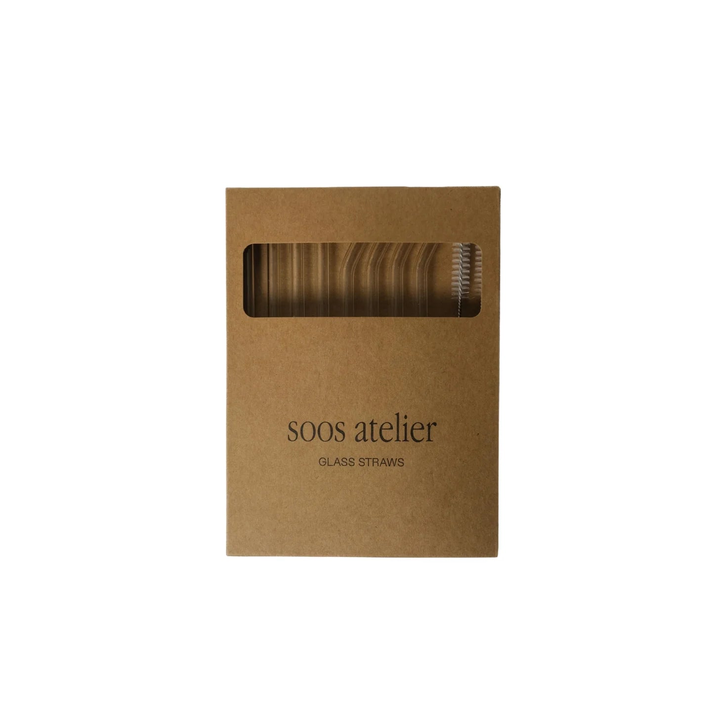 Kraft paper box with glass straws inside, branded 'soos atelier'.