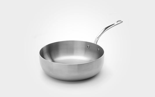 A stainless steel saucepan with a long, curved handle, shown on a clean white background.