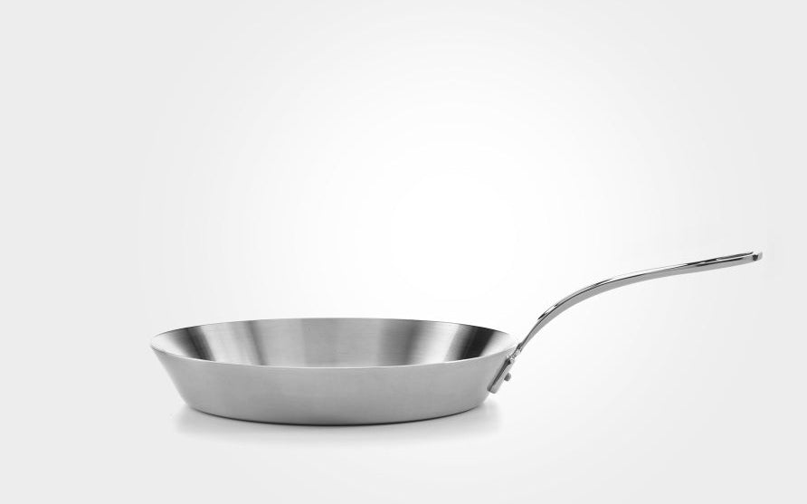 Stainless steel frying pan on a white background