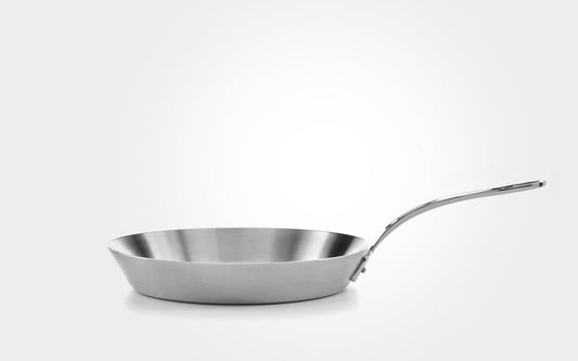 Stainless steel frying pan on a white background