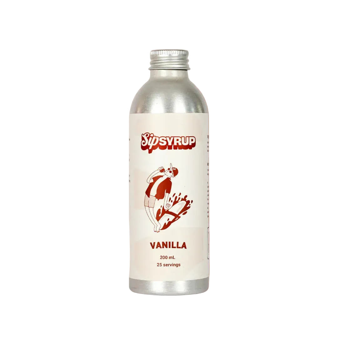 Silver bottle of Sipsyrup Vanilla syrup on a white background