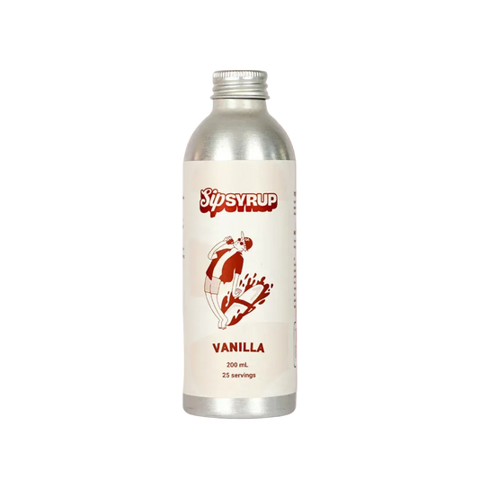 Silver bottle of Sipsyrup Vanilla syrup on a white background